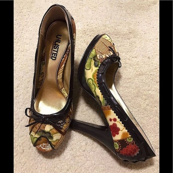 Unlisted Shoes - UNLISTED Brown Coi Floral Pumps Bow Peep Toe Block Heels Pin Up Platform Size 7